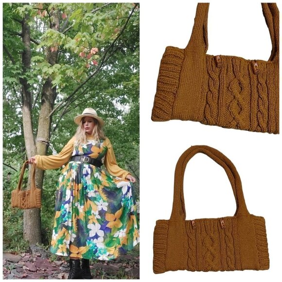 𝅺HANDMADE Vintage Earthy Mustard Knit Handbag - Picture 1 of 9